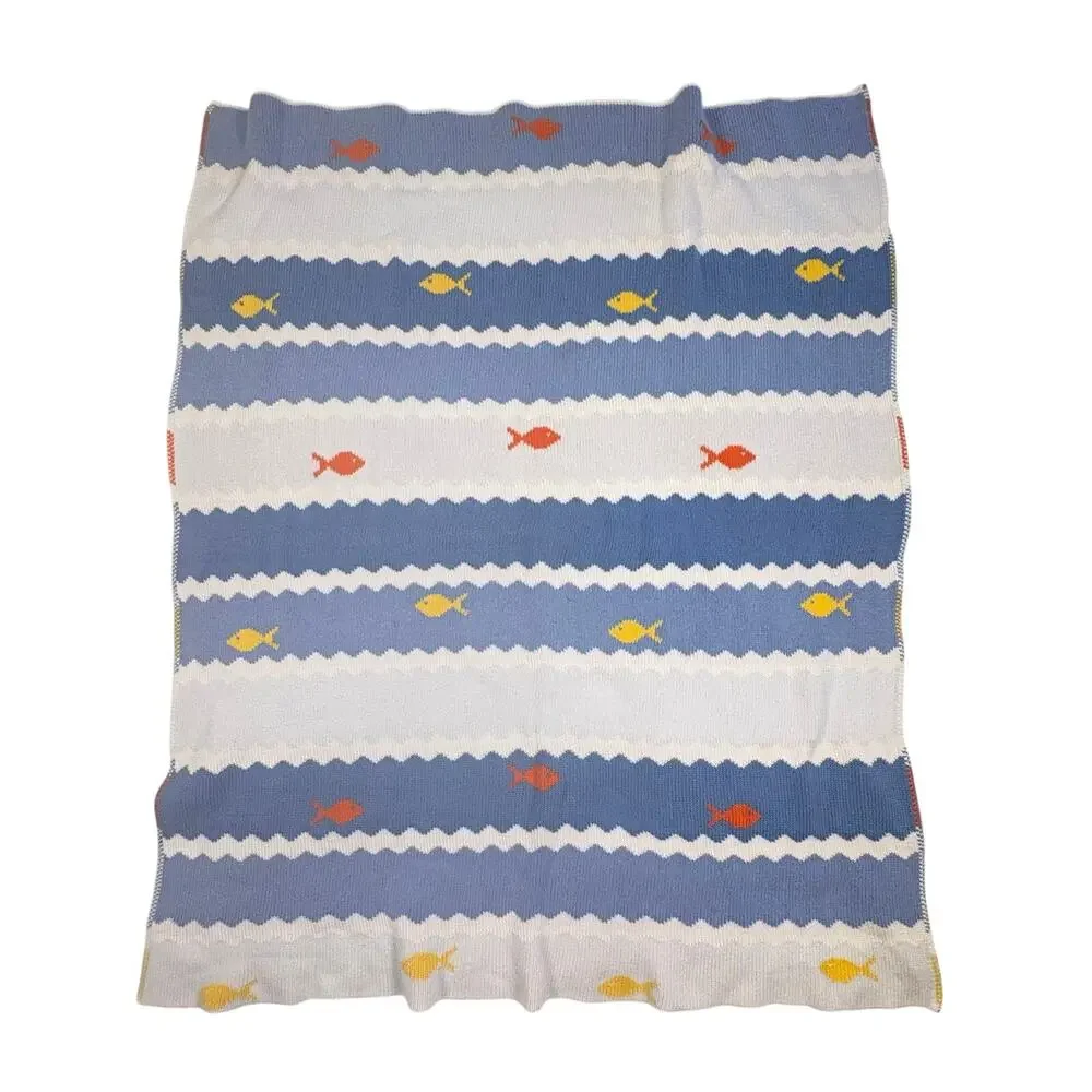 Cover Me Vintage Cotton Baby Blanket Blue Striped Fish Layette Bunting USA
